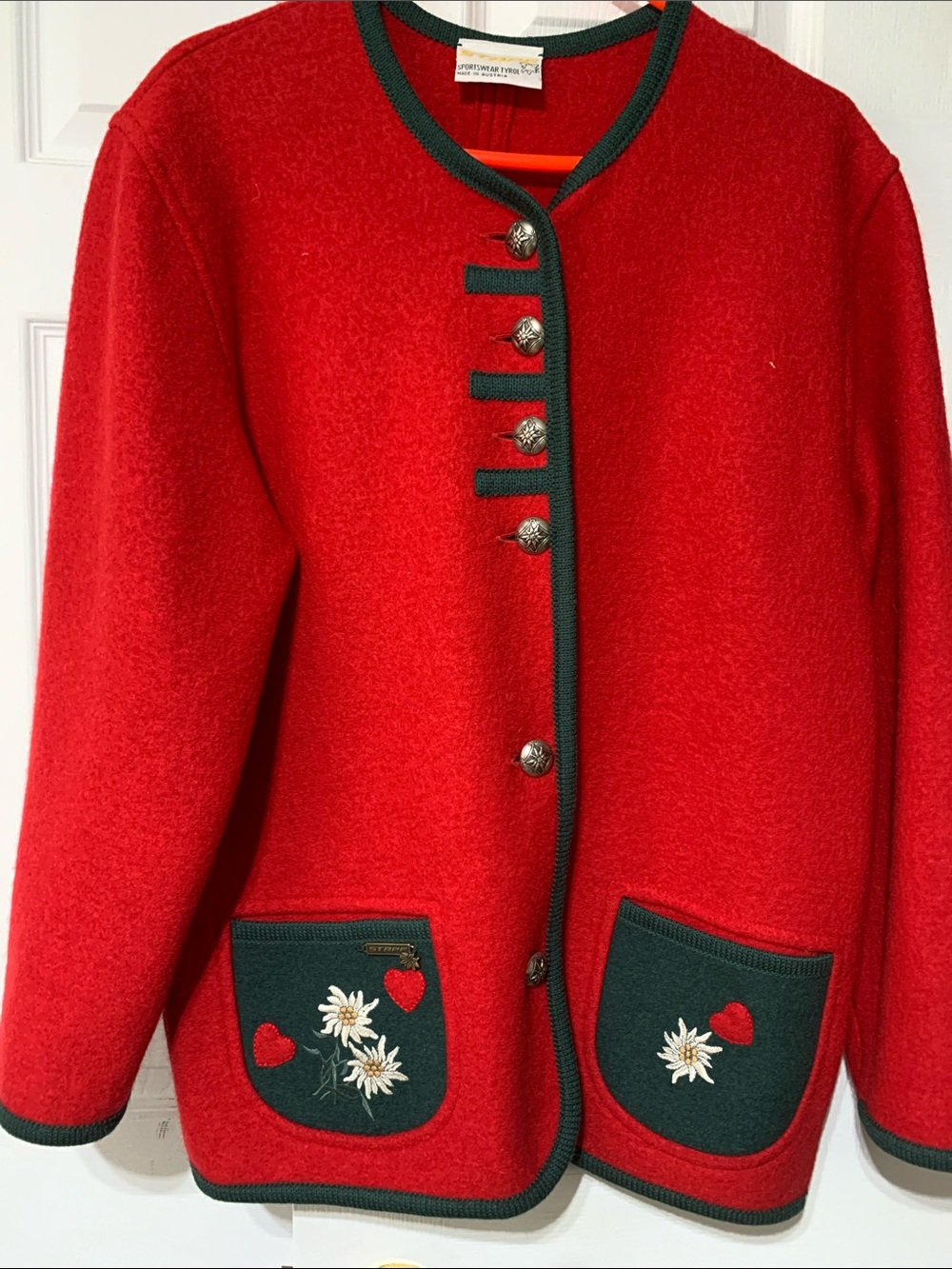 Stapf Austria 100% Virgin Wool Tyrolean Jacket Red Green Embroidered EU 38